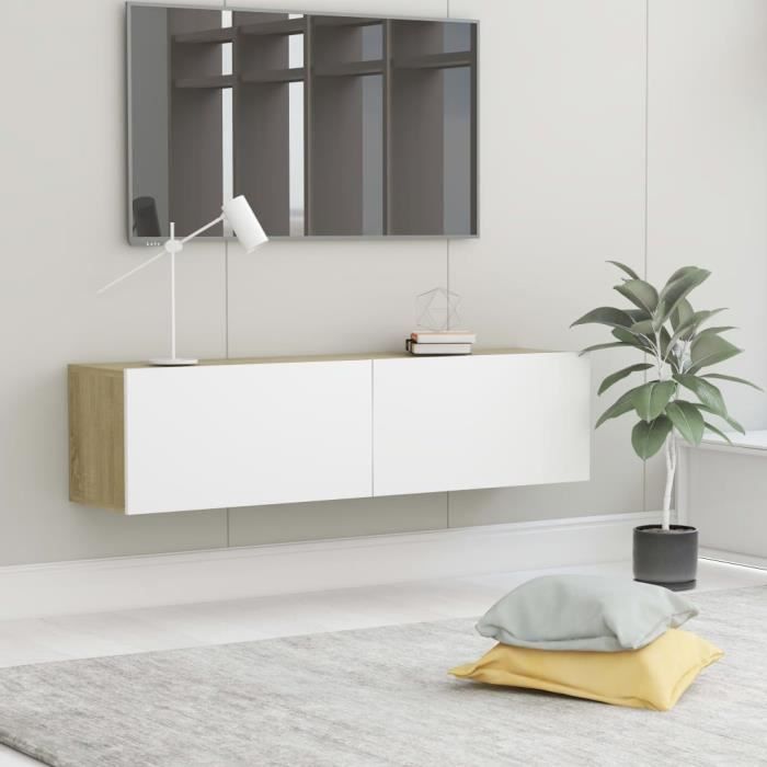 Luxueux Meuble TV Design - Meuble de rangement Meuble de Télévision Blanc et chêne sonoma 120x30x30 cm Aggloméré ♫54101