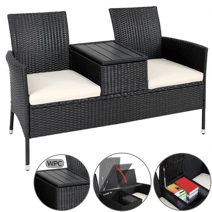 Banc de jardin polyrotin 2 places table plateau coussins au choix salon de jardin meubles extérieurs
