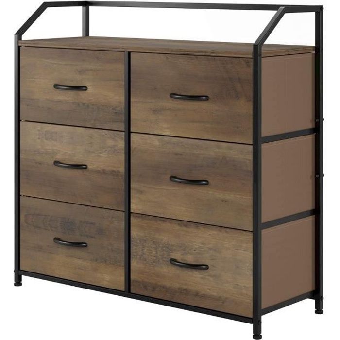 HOMECHO Commode à 6 Tiroirs en Tissu pour Chambre Salon Style Industriel Meuble de Rangement Brun Clair 83x30x80 cm