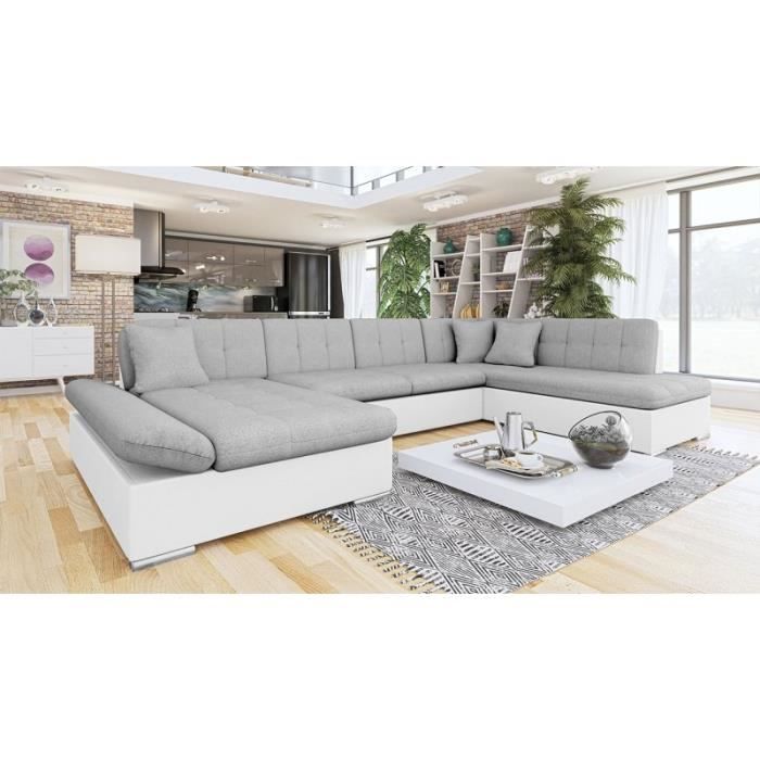 Canapé d'angle panoramique convertible GENIRO angle droit gris clair et blanc