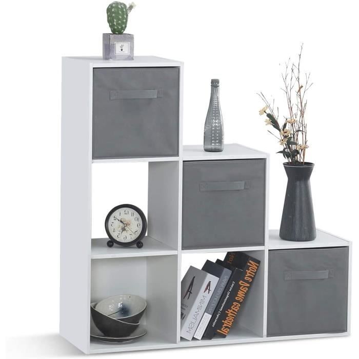 Bibliothèque Étagère Escalier à 6 Compartiments - Meuble de Rangement avec 3 Boîtes - Bois, Blanc, 90,5 x 29 x 90,5cm - MONDEER