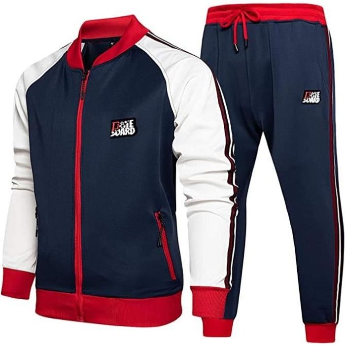 Ensemble Survêtement Homme Casual Sport Sweater à Zippé et Pantalon Jogging Suit à Manches Longues à Carreaux avec Poches Bleu