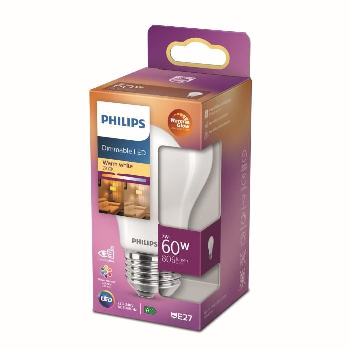 Philips ampoule LED Equivalent 60W E27, Blanc chaud, Dimmable, verre