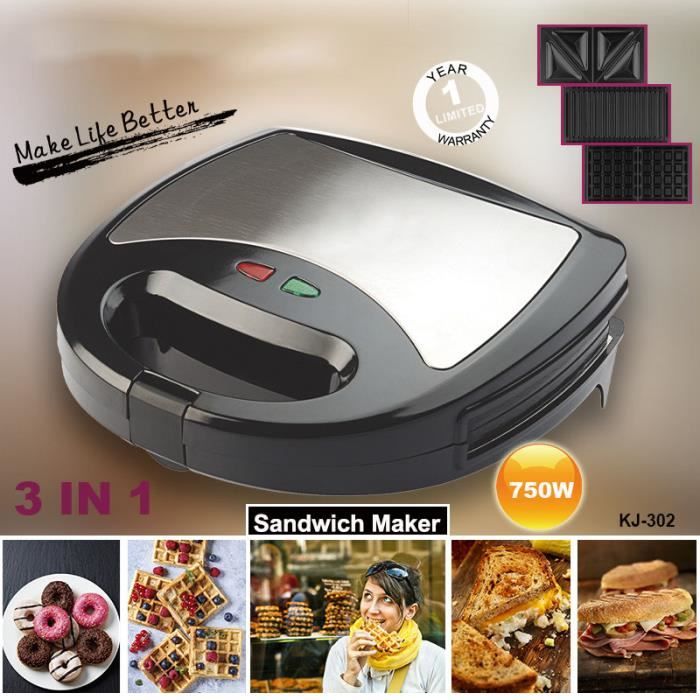 Gaufrier multifonction, Grill et Gaufrier 3 en 1, Grande Puissance de 750W, Noir