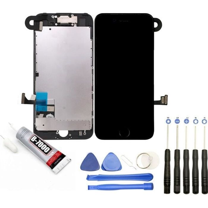 Vitre tactile + Ecran LCD sur chassis avec nappes et bouton home compatible avec iPhone 7 NOIR + Kit outils + Colle B7000 Offerte