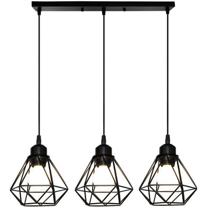 UNI Suspension Luminaire Industrielle 16cm Cage Forme Diamant 3 Lumières en Barre Noir Luminaire Salon Hôtel Chambre Café