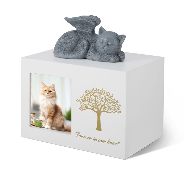 Comparer les prix de Urnes funéraires chat (boîte crémation) : bois blanc pour cendres livrées avec statue ange chat résine + sac velours