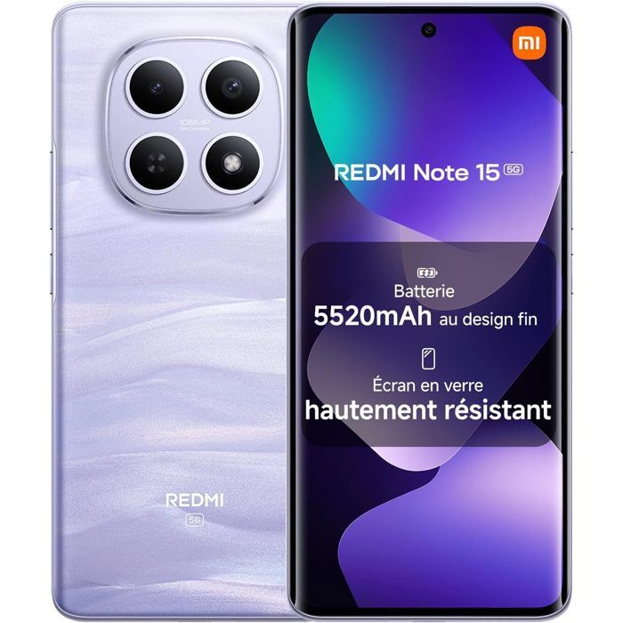 Smartphone Xiaomi Redmi Note 15 5G 8Go Ram Écran FHD+ 677 Appareil Photo Ultra Net 108 Mpx 5520mAh Version globale