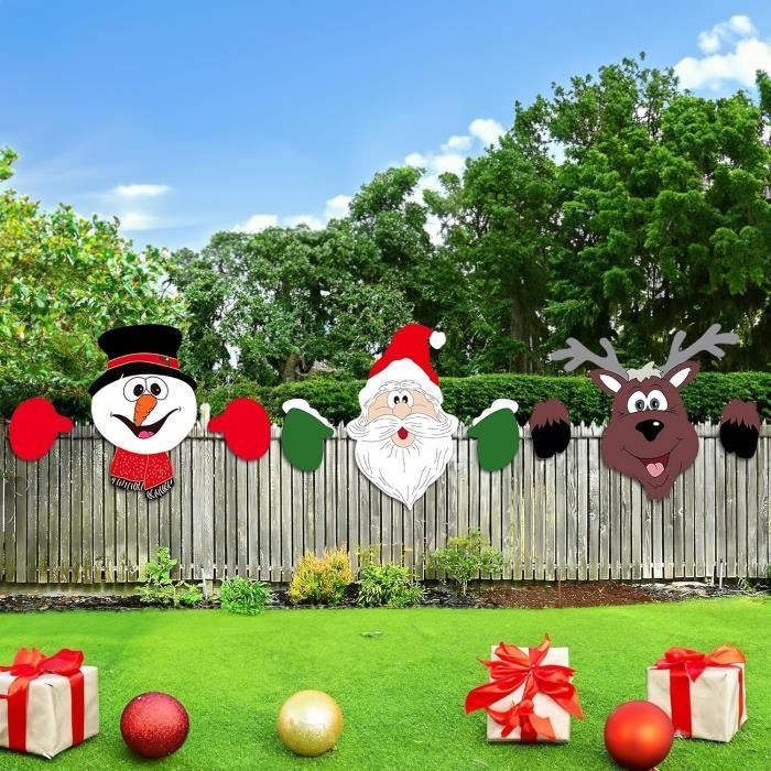 3 Pcs Decoration Noel Exterieur pour Cloture 40cm x 30cm Pere Noel Decoration Decoration Renne de Noel Exterieur Bonhomme de Neige