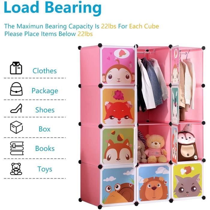 armoire penderie portable enfants rose étagère de rangement cubes de stockage modulaire