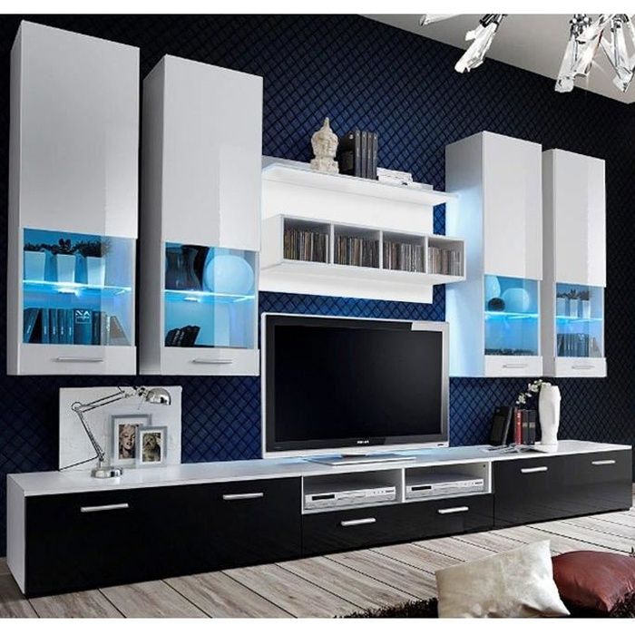 Meuble Mural TV - Arlesa - Blanc et Noir - LED - Contemporain - Design