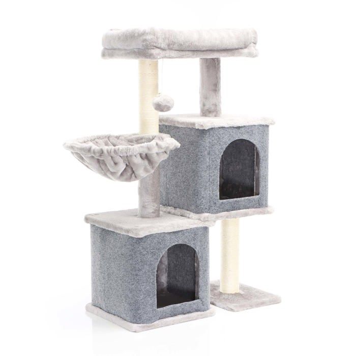 Comparer les prix de Fudajo Arbre à chat gris Sisal 89,5cm Poste de grattage avec 2 Niches Arbre à 2 Maisonnettes félines