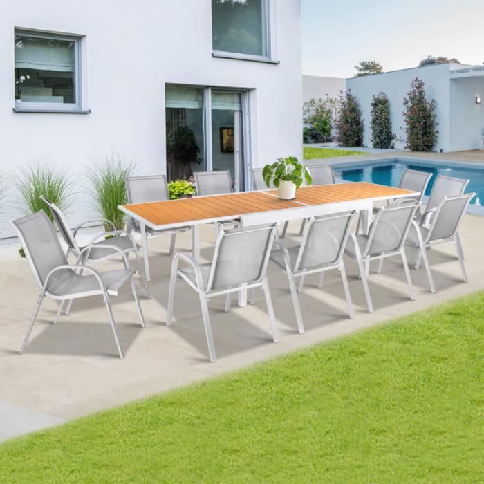 Salon De Jardin Extensible Poly Gris Clair Et Bois Table 135 270