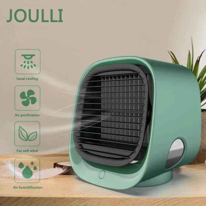 JOULLI Climatiseur Portable USB Ventilateur 3 Vitesses Éclairage LED Lons Négatifs Avec Réservoir Deau de 300 ML Vert - Joulli