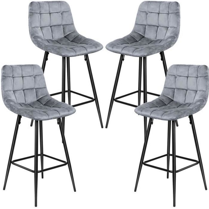 kedia. lot de 4, chaise haute de bar, pieds fer velours (pieds 60cm) gris clair