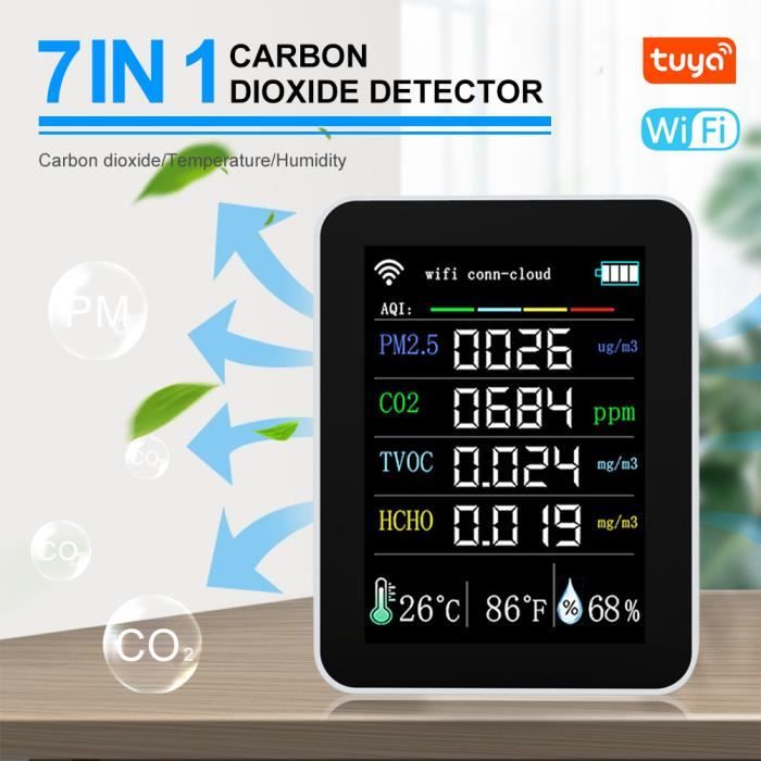 Détecteur de qualité de l'air Portable 7 en 1 Jauge de CO2 Mesureur de température numérique Testeur d'humidité Détecteur de HCHO
