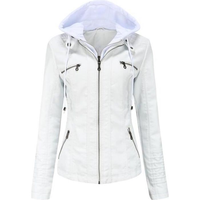 Blouson Femme Simili Cuir a Capuche Amovible INSFITY Blanc Printemps et Automne Blanc Cdiscount Pret a Porter