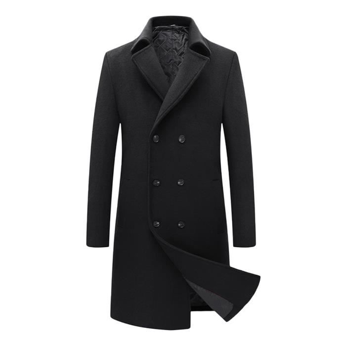 Hommes Pardessus d'Affaires Casual en Laine Manteau Chaud Double Boutonnage Classique Mi-Longue Duffle Coat d'hiver Noir