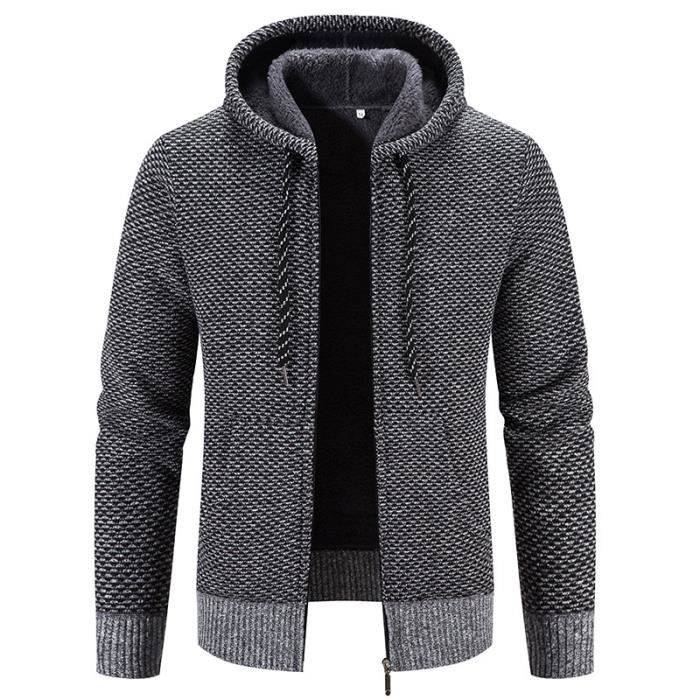 Gilet Hiver Homme ?� Capuche en Tricot Chaud Doubl?�e Polaire Zippe Epais Manches Longues Couleur 