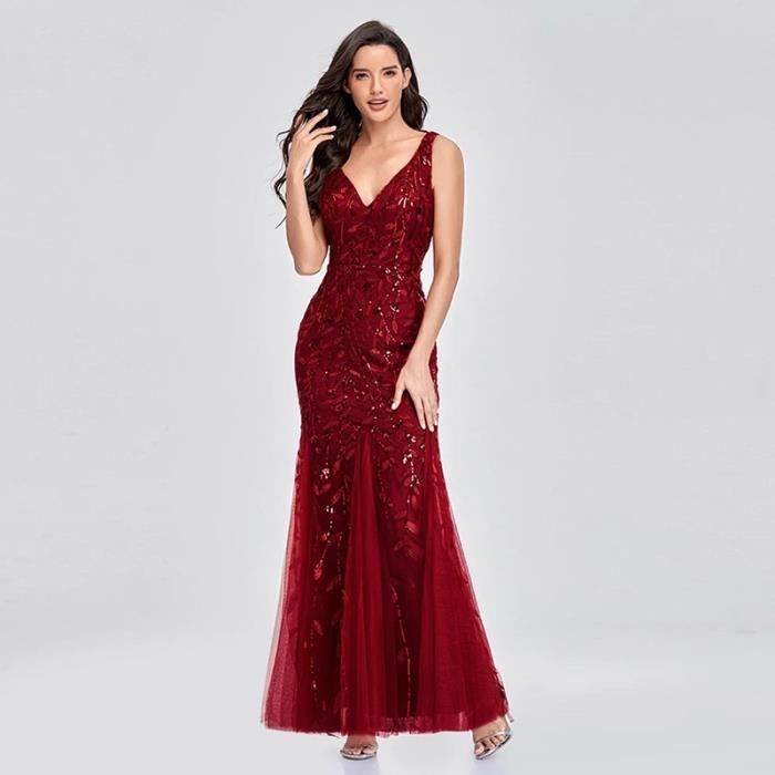 Robe de Soiree Femme Vintage Robe Longue du Soir Mariage Col V sans Manche Robe a Paillettes rouge GOGUQ Rouge Cdiscount Pret a Porter
