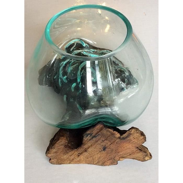 Grand Bol Décoratif En Verre Sur Bois De Racine – Pièce Unique Faite à La Main Comme Vase, Terrarium Ou Bougeoir – Décoration Naturelle Durable - France