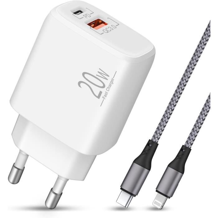 Chargeur 20W Adaptateur secteur pour iphone 12 Pro Max Port USB-C Charge  rapide 3.0 Prise murale UE Câble de Charge USB Type C，2m - Cdiscount  Informatique