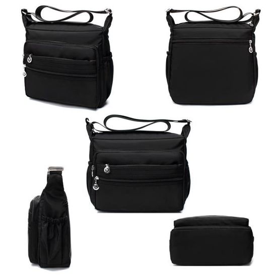 NOTAG Sac Bandoulière Femme Léger Et Pratique – Multi-Poches En Nylon Imperméable, Idéal Pour Quotidien Et Voyages (Noir)