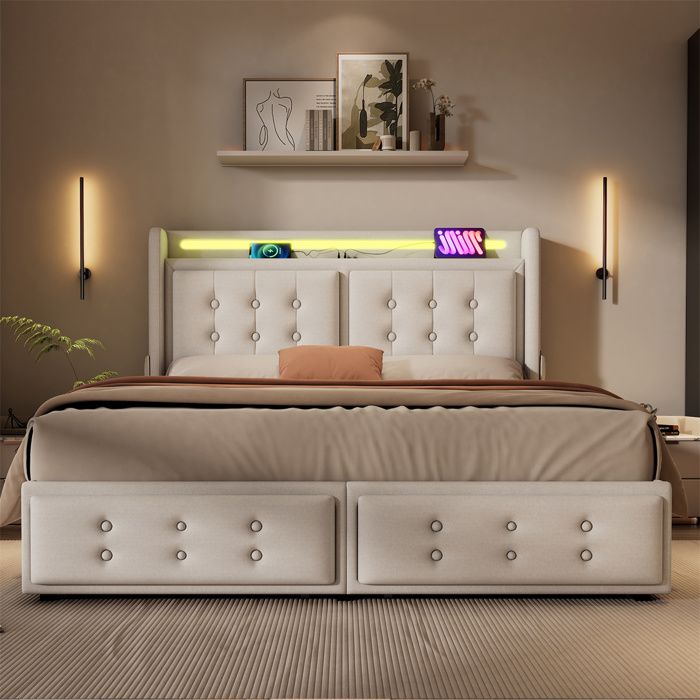 Lit Double 160x200 Avec Rangement Yeutre - 4 Tiroirs, Tête De Lit Velours Et Ports USB - Sans Matelas