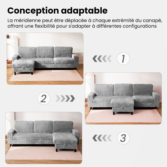 Canapé D'angle Modulaire Avec Pouf Mobile Et Lumières LED - Tissu Chenille - Convertible En Lit - 3 Places