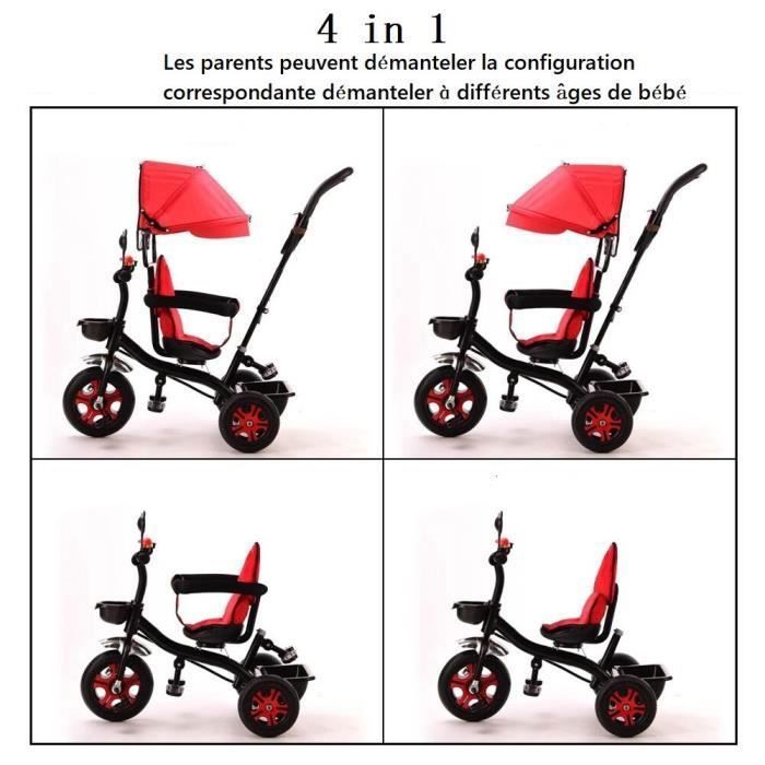 Tricycle Bébé Évolutif 4 en 1 - ROUGE - Mixte - De 1 à 5 ans - Rétroviseur à cloche