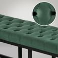 Banquette capitonne bout de lit en tissu velours vert support en metal noir 120-2