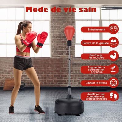 Sac De Frappe Autoportant COSTWAY 182cm - Avec Gants De Boxe, Base à Ventouses Et Amortisseurs - Pour Fitness Et Musculation