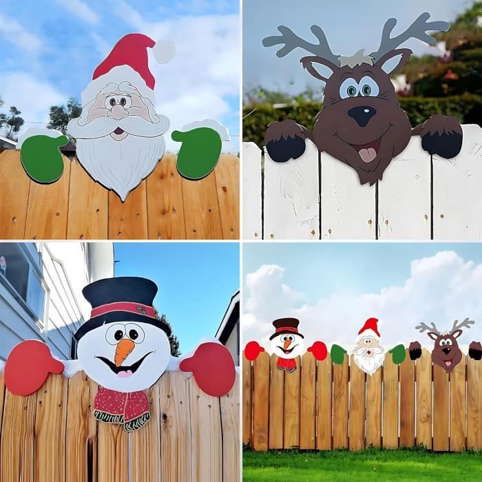 Ornements de Noël, ornement de renne et père Noël sur l'clôture