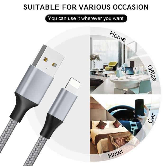 Lot De 3 Câbles IPhone 2m Nylon Tressé MFi Certifié - Charge Rapide Compatible IPhone 14 13 12 11