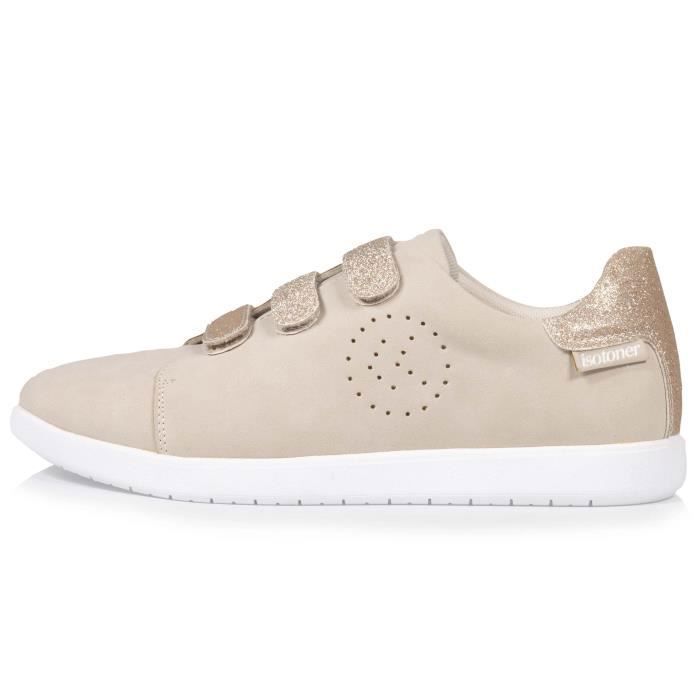 Isotoner Baskets scratch paillettes beige femme Beige Cdiscount