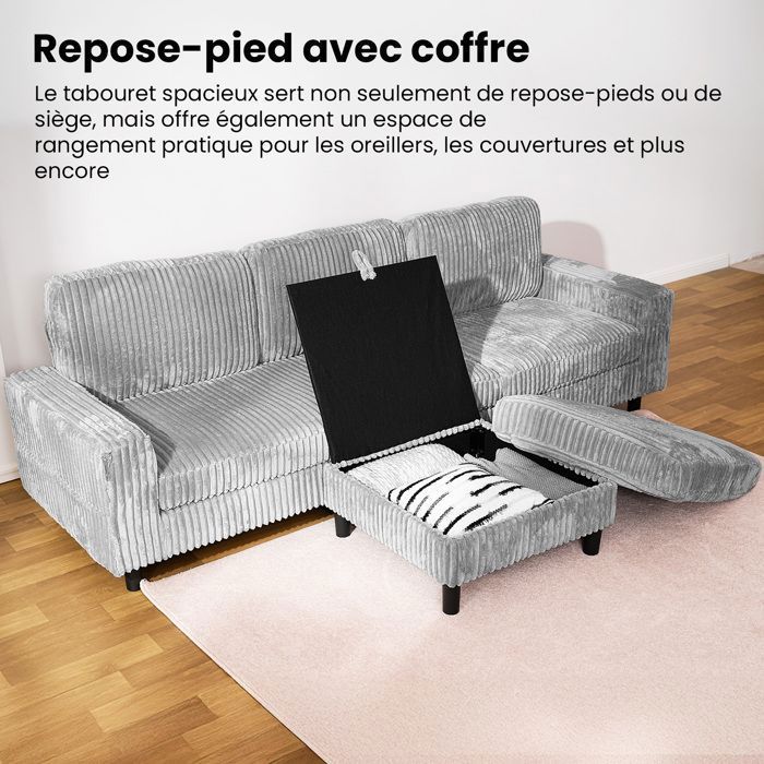 Canapé D'angle 3 Places Modulaire Beige - 166x118x77 Cm, Convertible Chaise Longue, Tissu Coton-lin
