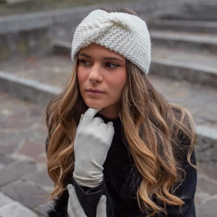 Bandeau de cheveux pour femme en laine Made in Italy Couleur blanche, Protège-oreilles femme tricoté
