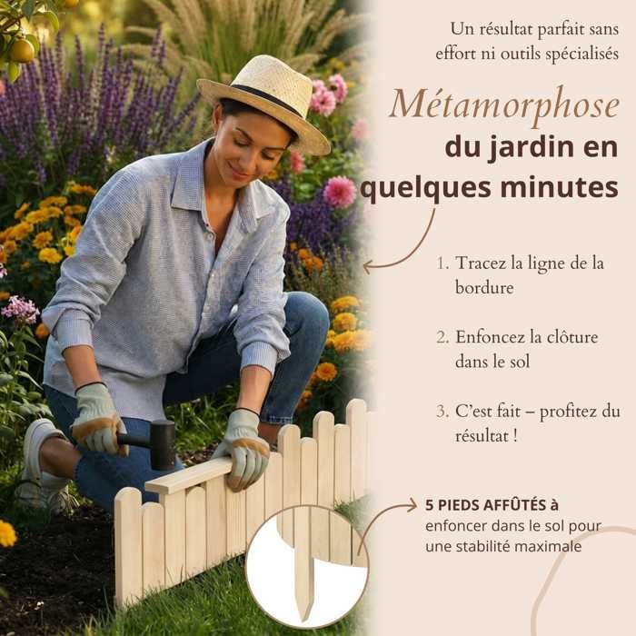 Bordure Clôture Jardin Bois Flexible Garronda 200 Cm – Hauteur 10 Cm, Marron Clair, Facile à Poser & Esthétique