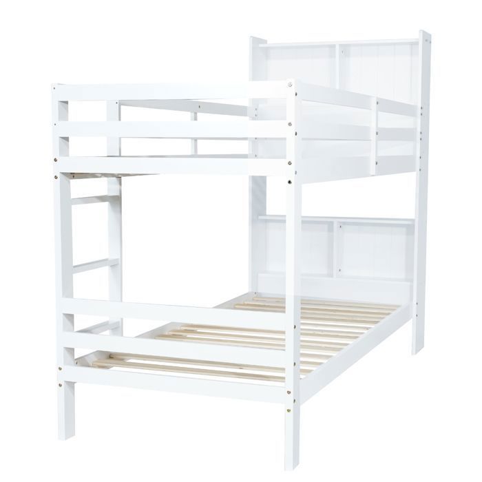 Lit Superposé Maison Enfant 90x200 Cm Avec étagères Et Rampe - Structure Bois Massif Blanc, Sans Matelas - Idéal Chambre Partagée