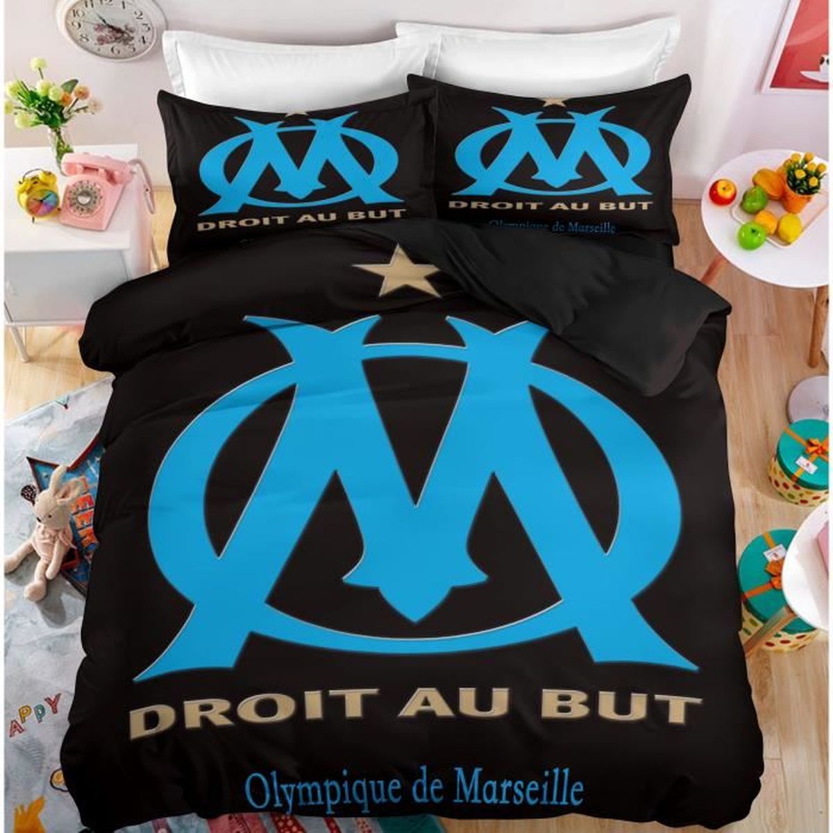 parure de lit football om olympique de marseille 3d effet 150 200 cm 3 pieces 1 housse de couette et 2 taies d oreillers 63 63cm cdiscount maison