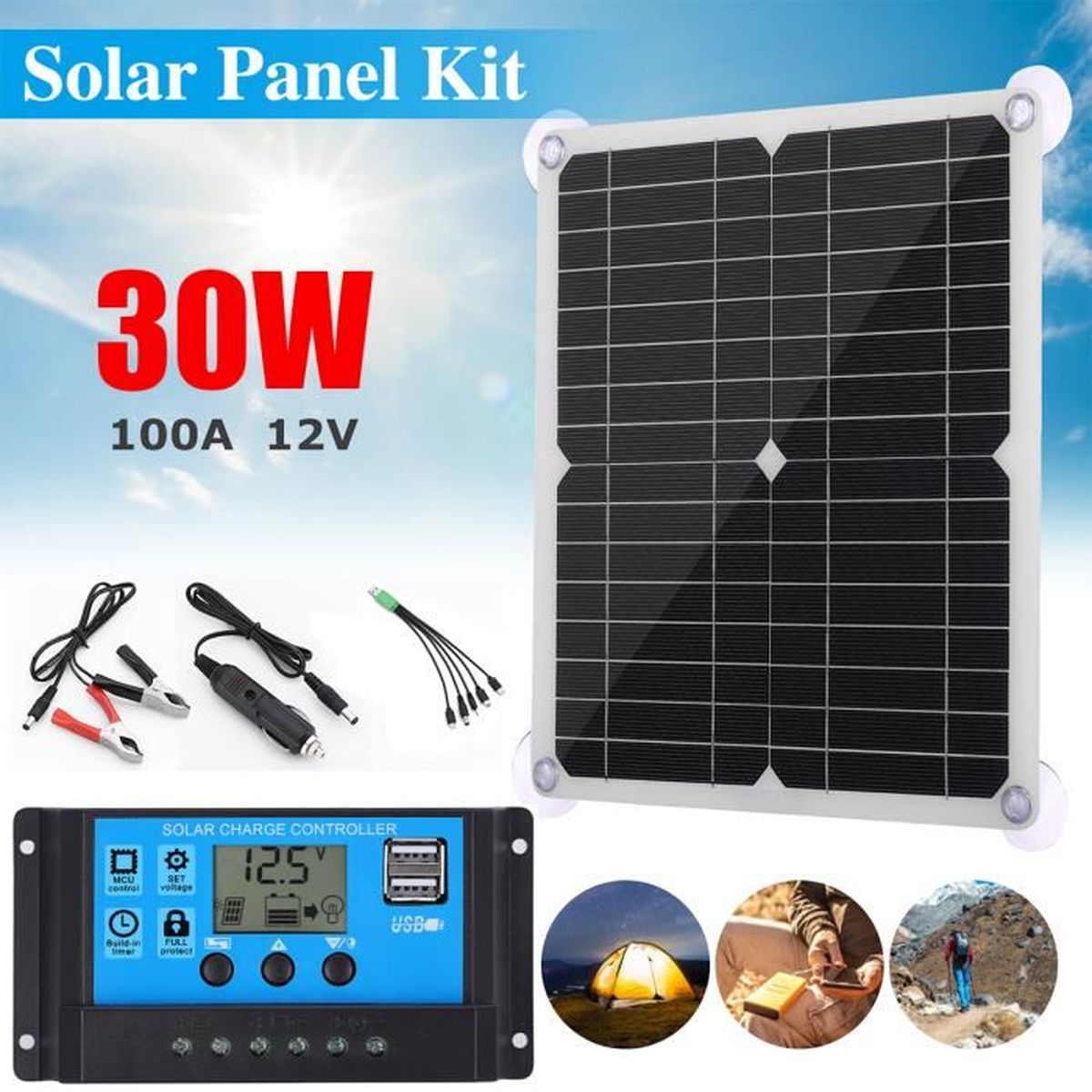 Panneau Solaire 30W 12V Portable - Chargeur Entretien Batterie Voiture, Bateau, Camping-car - Étanche IP65, Avec Ventouses