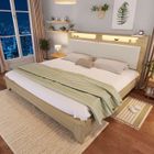 LEMONBEST Lit double 140 × 200 cm, Lit adulte avec éclairage LED, Tête de lit rembourrée en velours côtelé avec rangement, chêne + beige