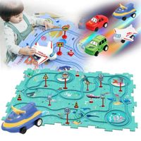 DIY Assembling Electric Trolley,2024 New 3D Puzzle Board Track Car Play Set,Battery-Operated Vehicle Educational Toys for Kids,Blue