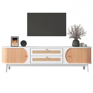 MEUBLE TV Meuble TV en mélange de bois naturel avec portes et tiroirs, Meuble TV avec côtés en rotin, Style maison de campagne