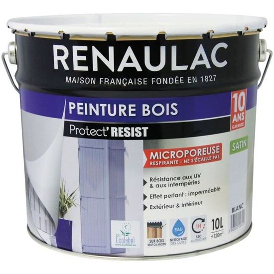 RENAULAC Peinture Bois Blanc - Garantie 10 ans - 10L - 120m² / pôt - Achat  / Vente peinture - vernis Renaulac Peinture Bois Blanc - - Cdiscount