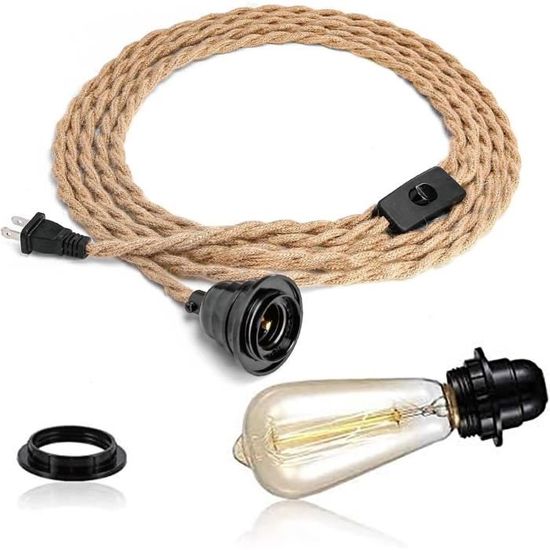 Lustre Corde Chanvre, 100CM (50CM+50CM) AC 220V E27 Vintage Style Rétro Lampe Suspension Corde