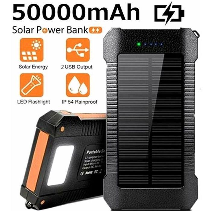 Kaide®50000mAh Batterie solaire portable Batterie externe 2USB Lampe LED étanche pour tous les téléphones portables (Orange)