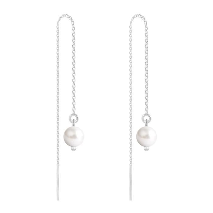 Boucles d'Oreilles Chaîne Argent 925 Perles 6mm Swarovski Element - White Pearl