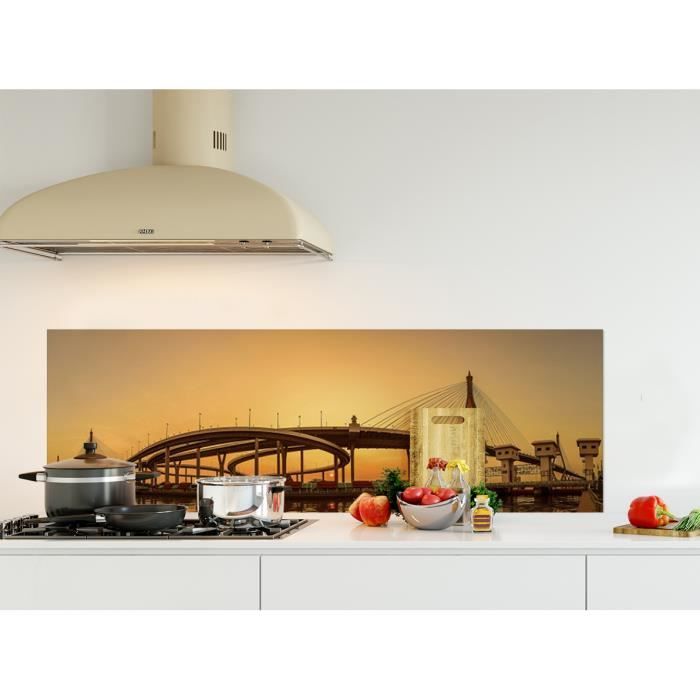 Crédence de cuisine adhésive en Panneau composite aluminium -Pont de Bhumibol au coucher du soleil, Thaïlande- L. 150 x H. 50 cm