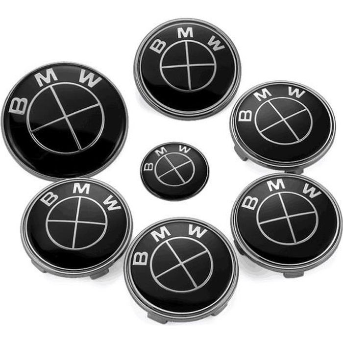 KIT 7 Badge LOGO Embleme BMW Tout Noir 82mm Capot + Coffre 74mm +Volant + 4 68mm centre de roue